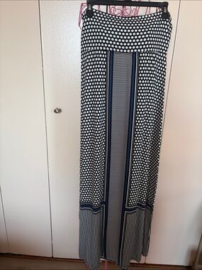 Max Studio Black and White Polka Dot Maxi Skirt with Navy Stripe